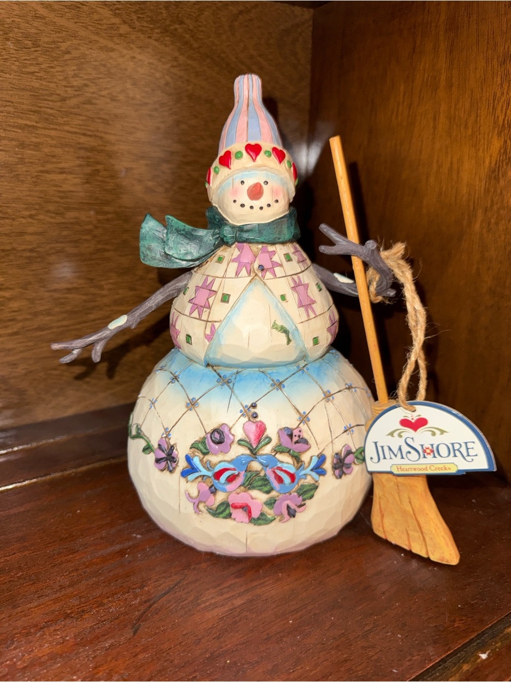 NIB Jim Shore Floral Patchwork Snowman Figurine in White, Pink, Blue, Green